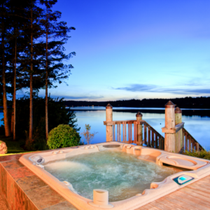backyard hot tub looking over lake