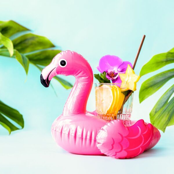 flamingo pool floaty with cocktail